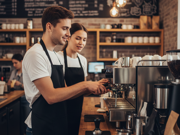 Baristas at espresso machine