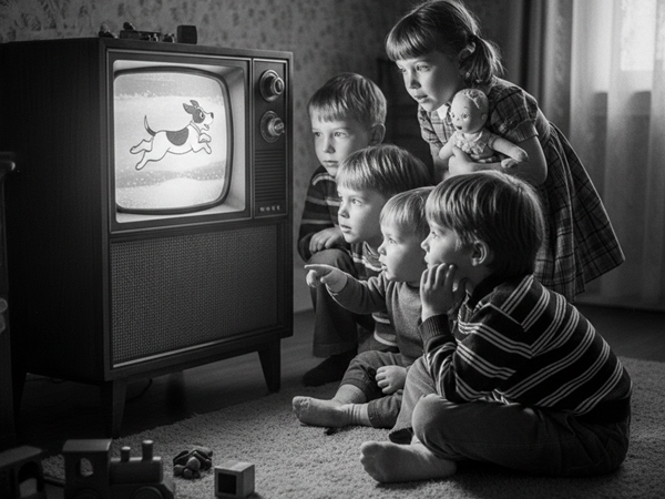 kids watching an old tv