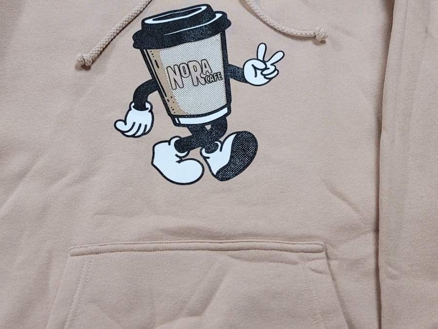 beige hoodie - walking coffee cup