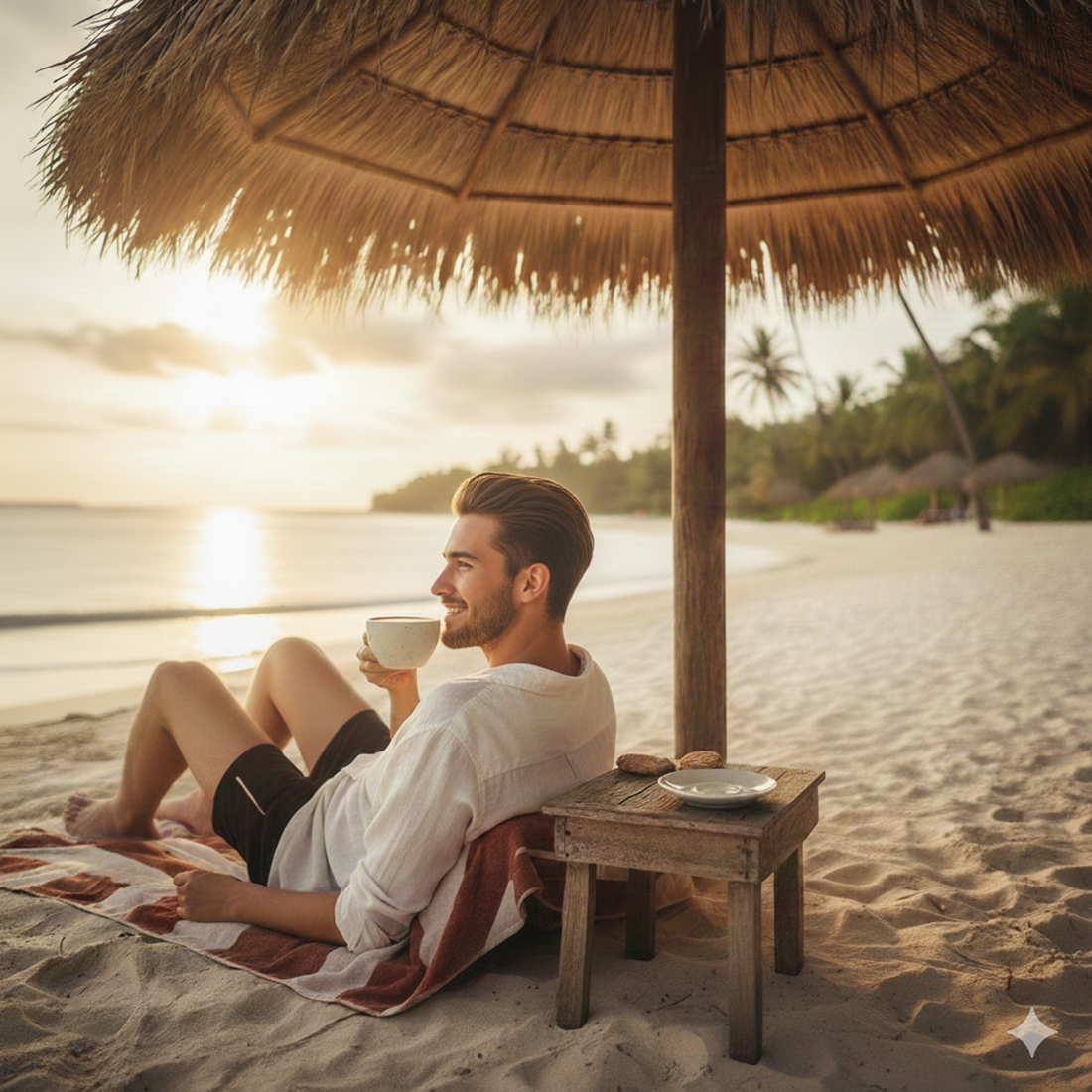 drinking coffee on the beach