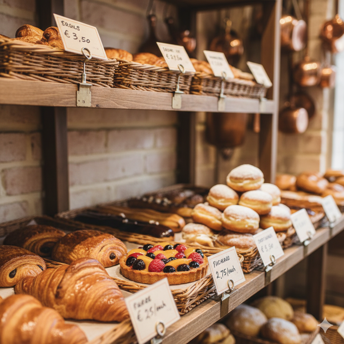 pastry items with price tags